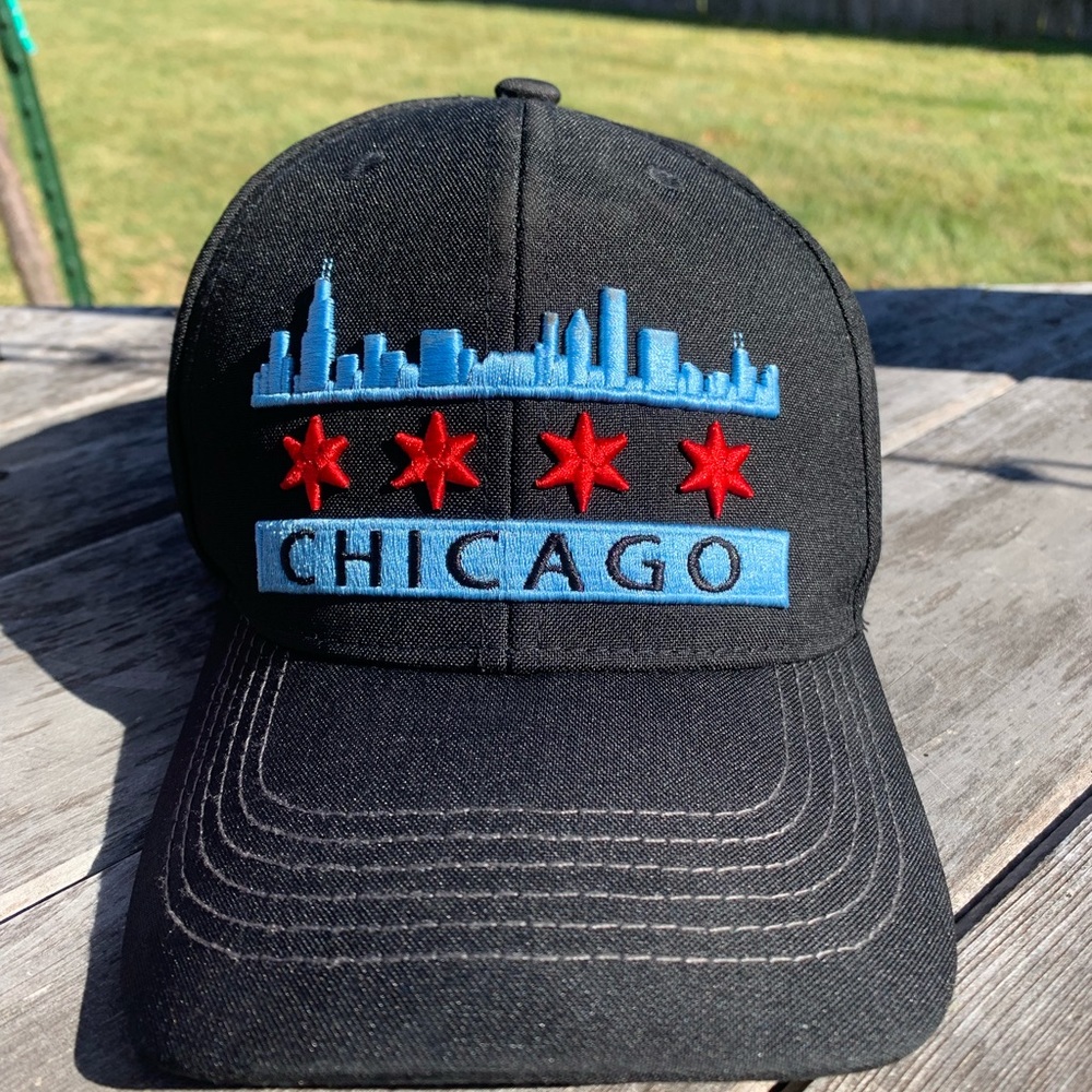 chicago flag - baseball cap - baseball hat - skyline - black hat